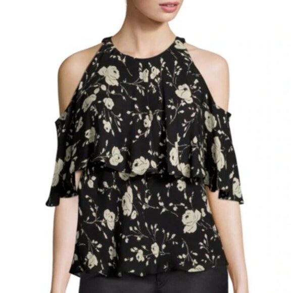 Polo Ralph Lauren Silk Georgette Top Cold-Shoulder Womens 10 Black Floral Ruffle - Picture 7 of 9